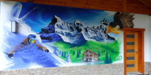fresque paysage montagne facade maison peinture fresque murale art suisse graffiti suisse tag street art ski neige gypaète barbu les dents du midi chablais